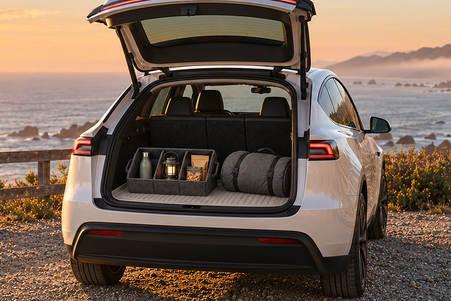 The open trunk: a stone-gray liner, a felt organizer holding a lantern, and a rolled camp mattress
