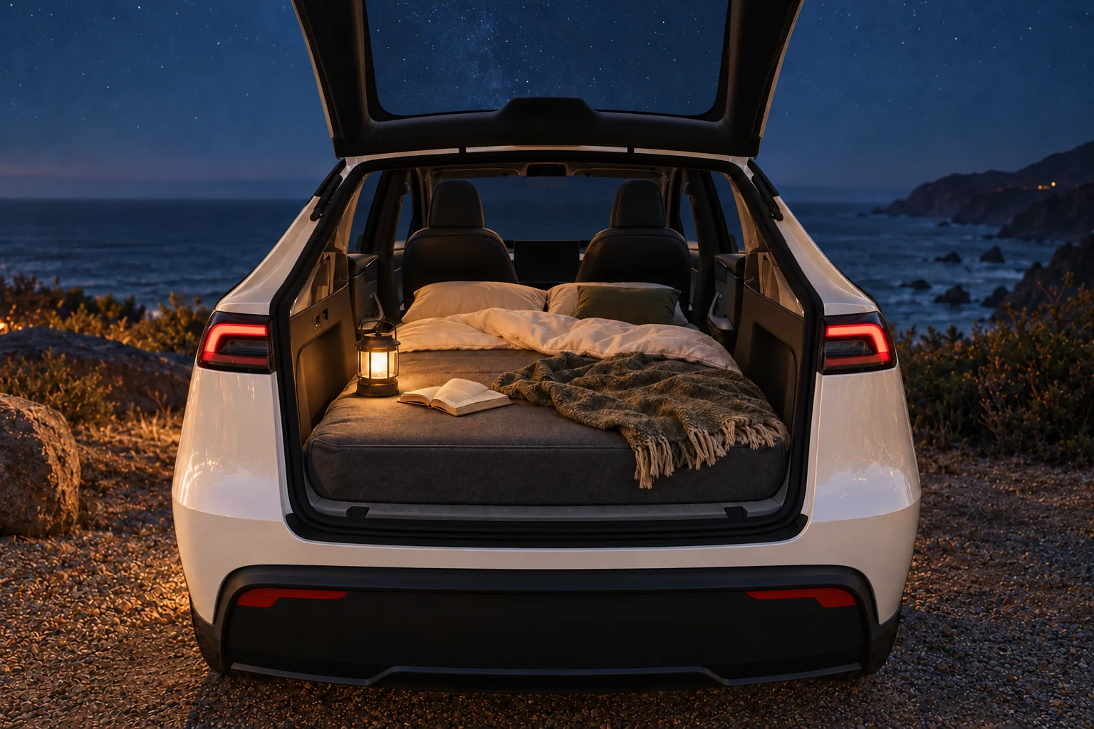 The liftgate open at night above the sea, the camp mattress made up as a bed in the back, a lantern beside it