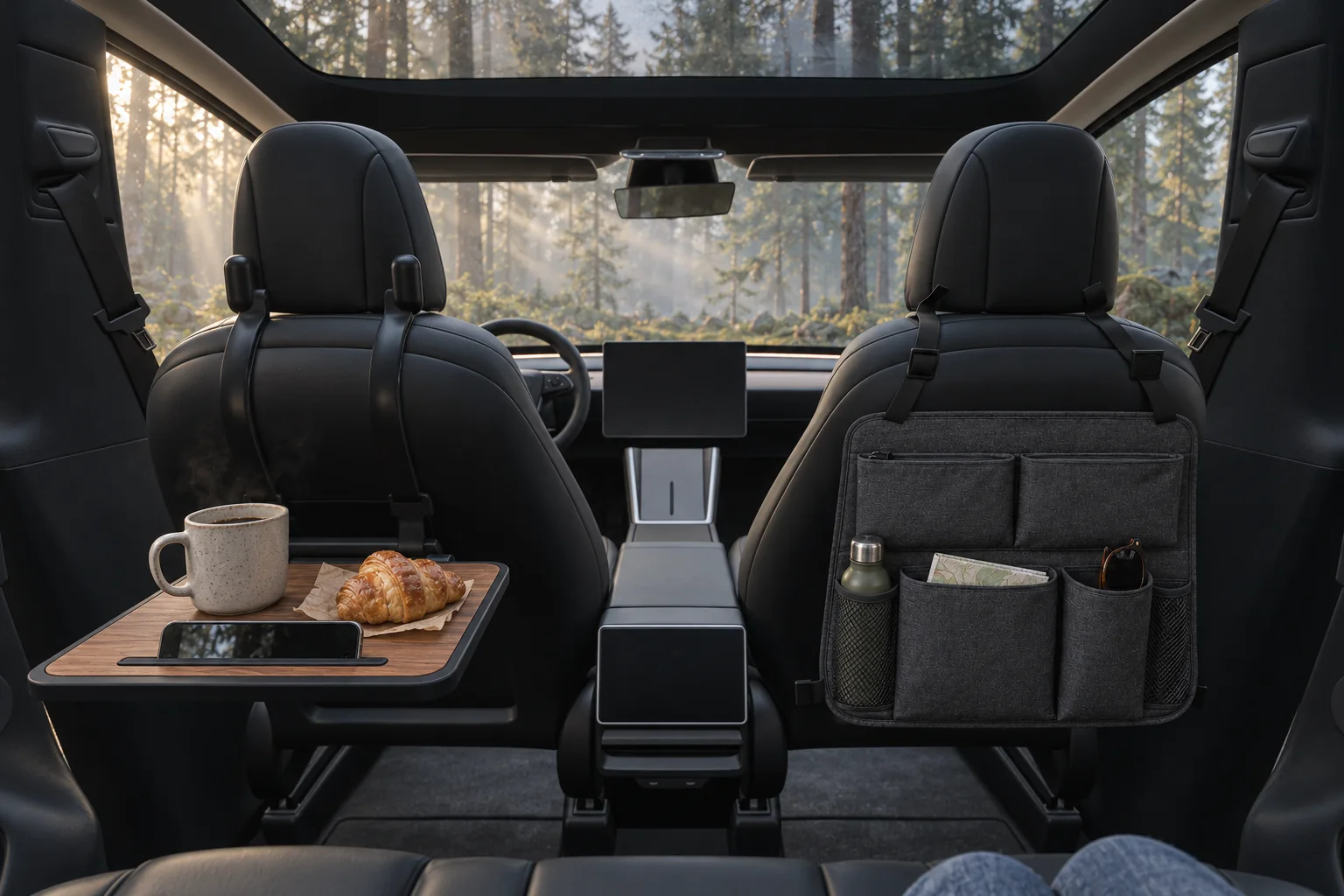 Morning in the back seat under tall trees: a walnut table on the seat in front holds coffee and a croissant, and felt pockets hang on the other seat