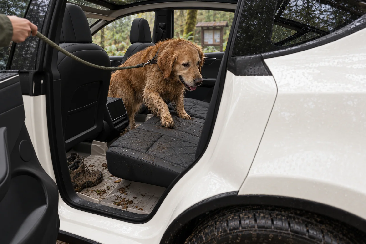 A wet, muddy golden retriever climbing onto a quilted seat cover, muddy boots on the floor mat below