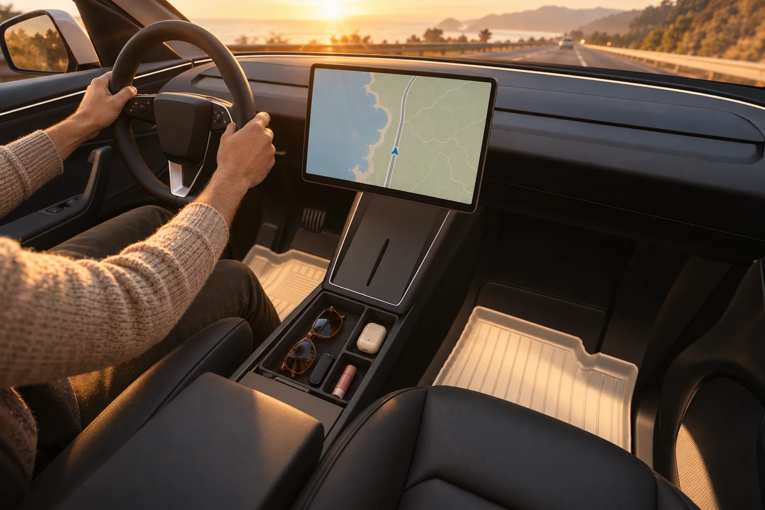 Driving north on the coast road at sunset, sunglasses, earbuds and lip balm sitting in the console tray